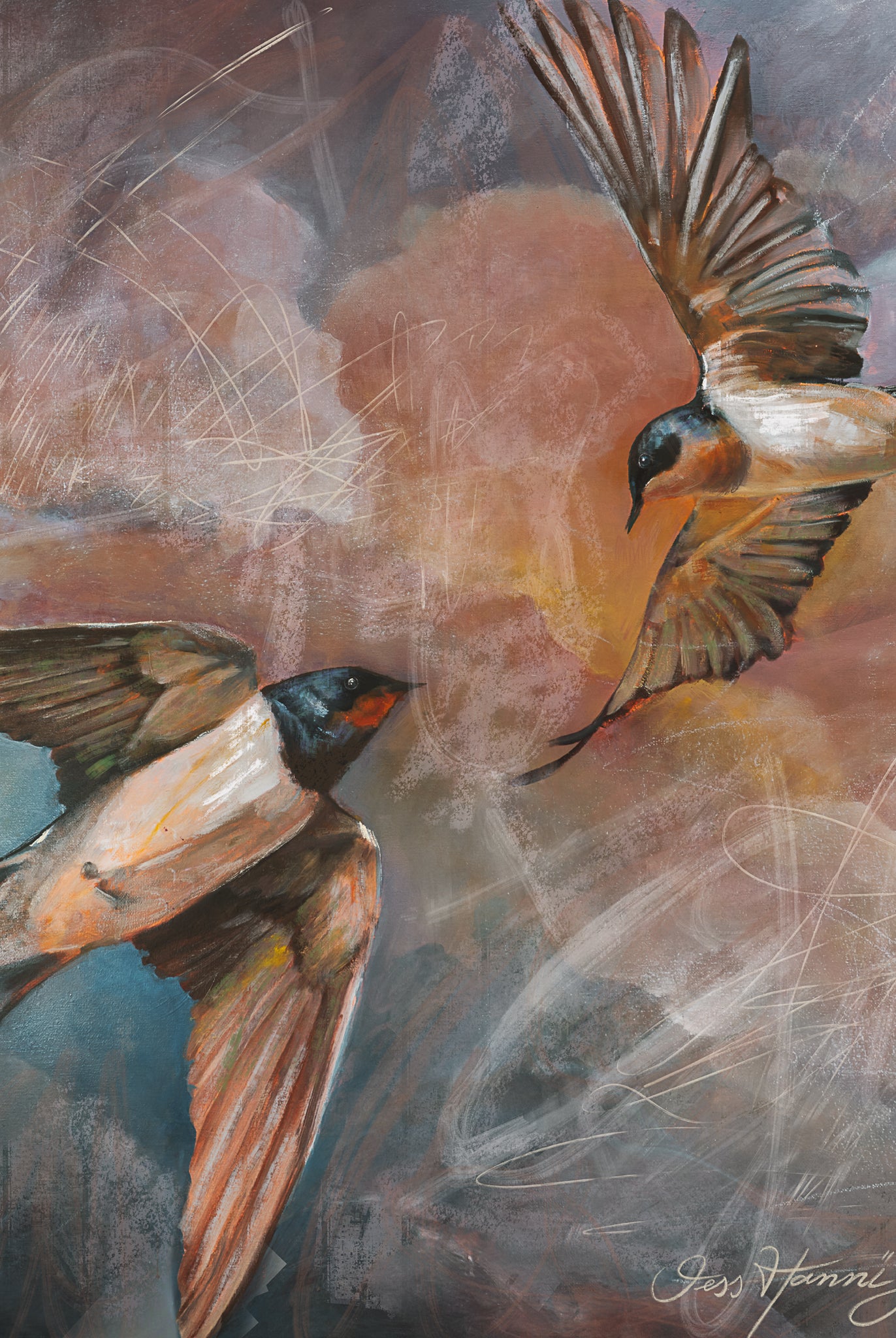 Artistic depiction of two birds in flight with a textured background