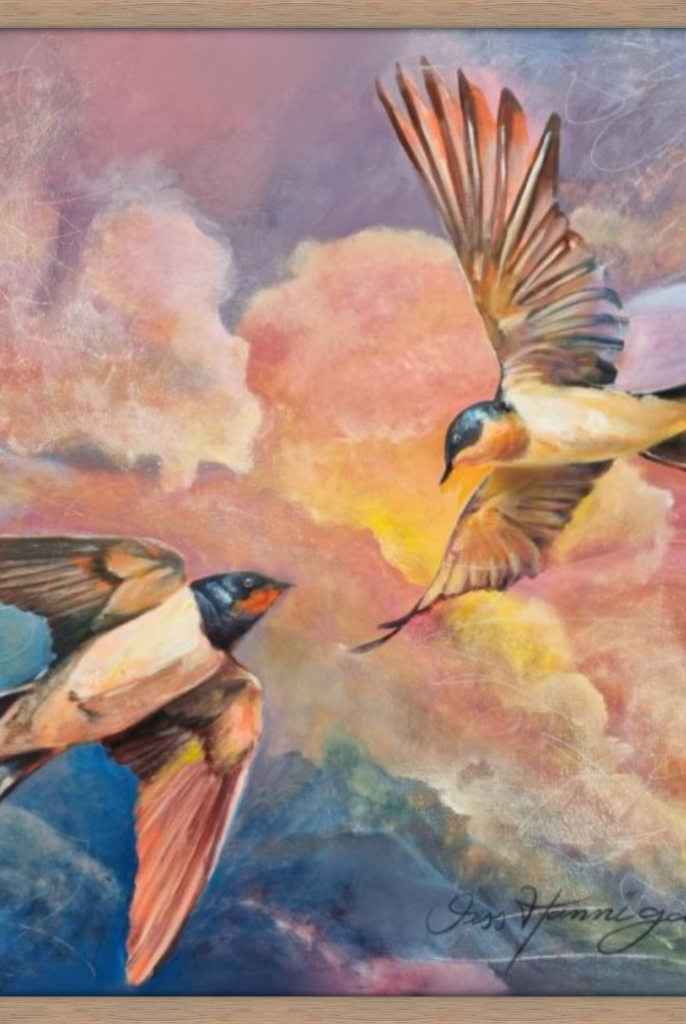 two colourful birds flying on sunset background, canvas print Australian Artist