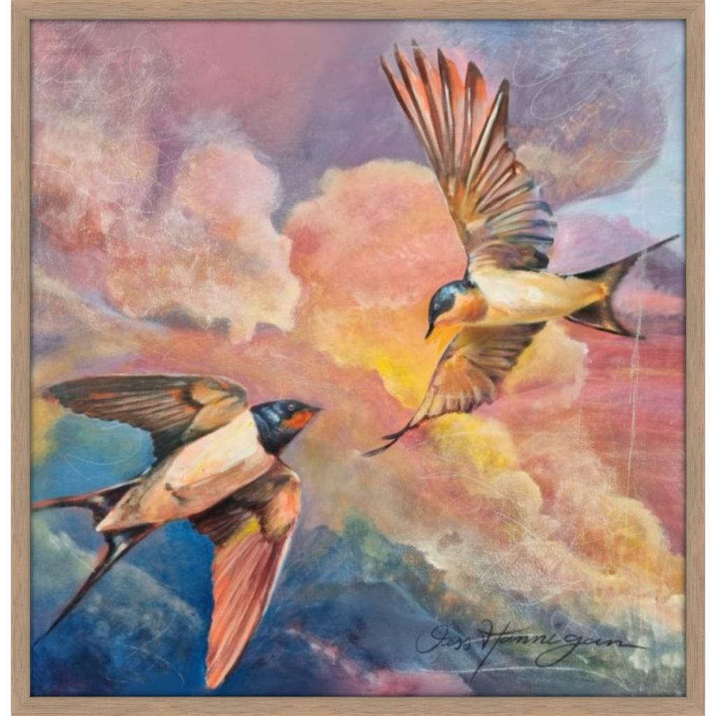 two colourful birds flying on sunset background, canvas print Australian Artist
