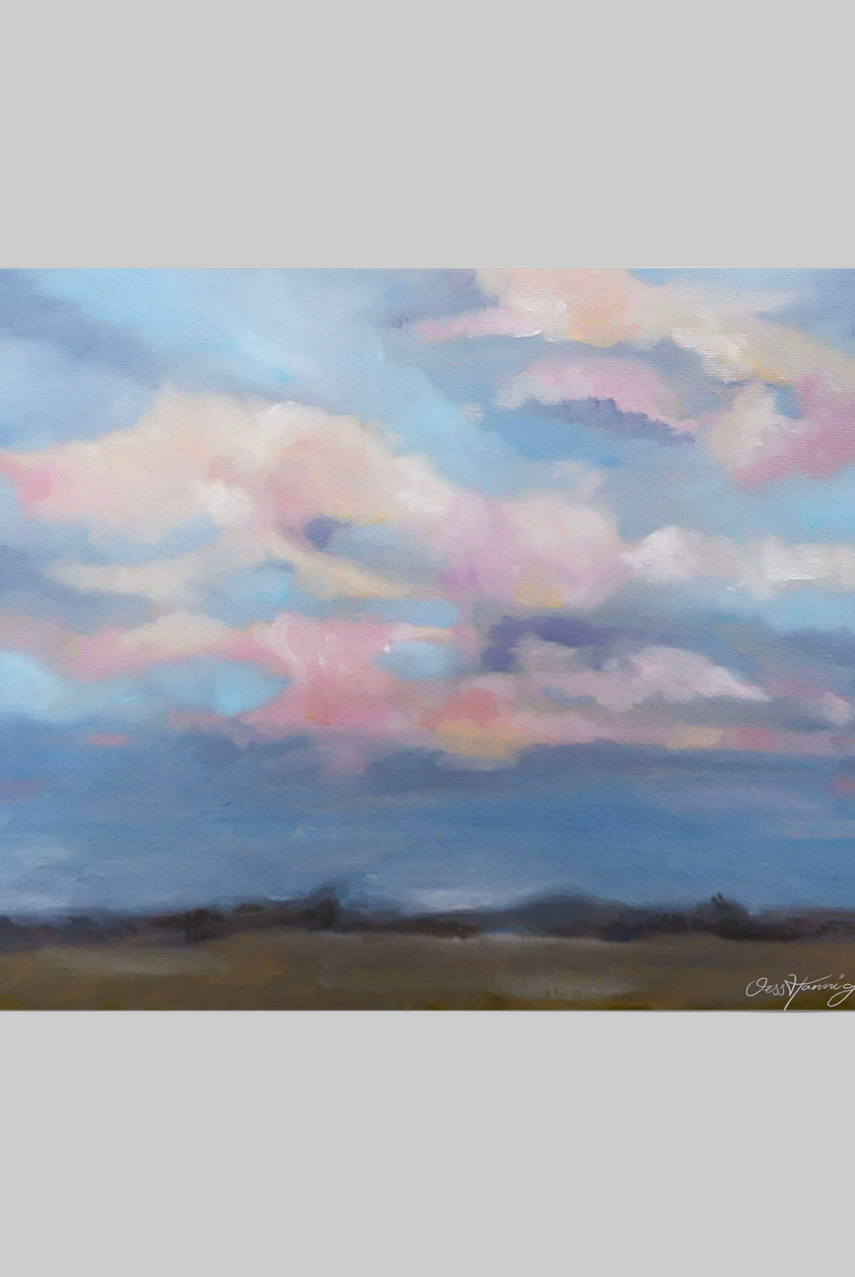 Jess Hannigan Painting of a Australian landscape with colorful clouds and a signature at the bottom right corner.