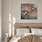 Bedroom with a painting of birds above the bed