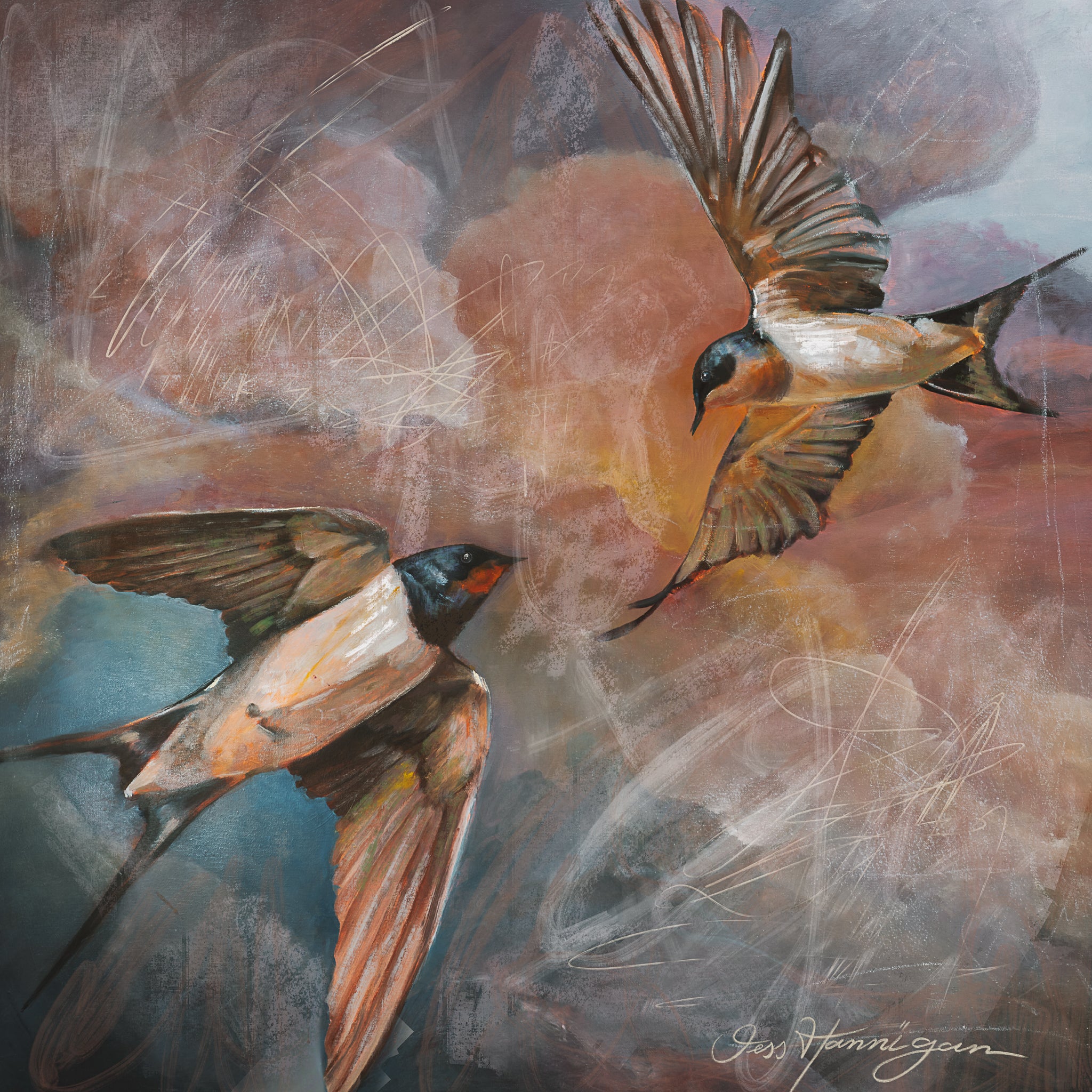 Artistic depiction of two birds in flight with a textured background