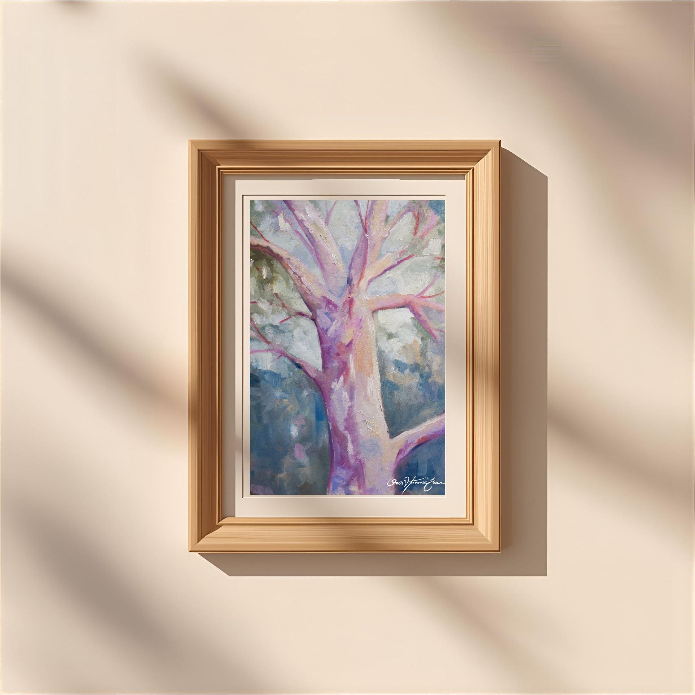 expressive colouful art print by artist Jess Hannigan, Gum tree with pastel tones 