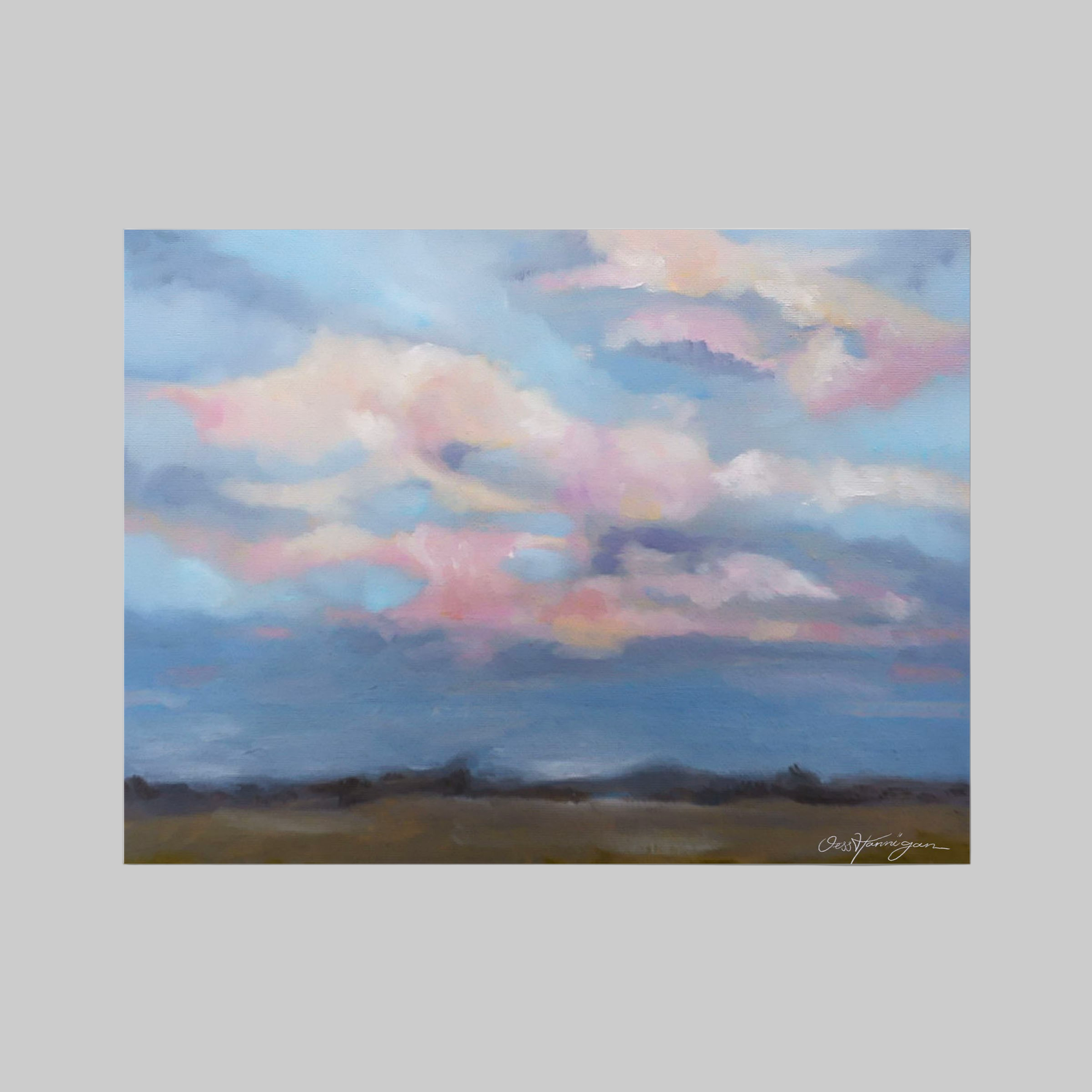Jess Hannigan Painting of a  Australian landscape with colorful clouds and a signature at the bottom right corner.