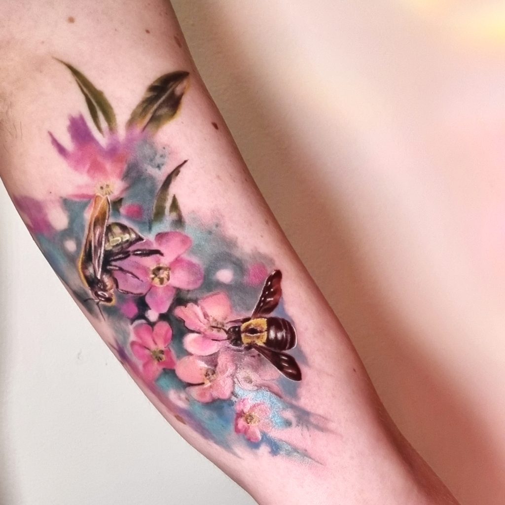 Australian Bee Tattoo with Flowers, Jesska Hannigan